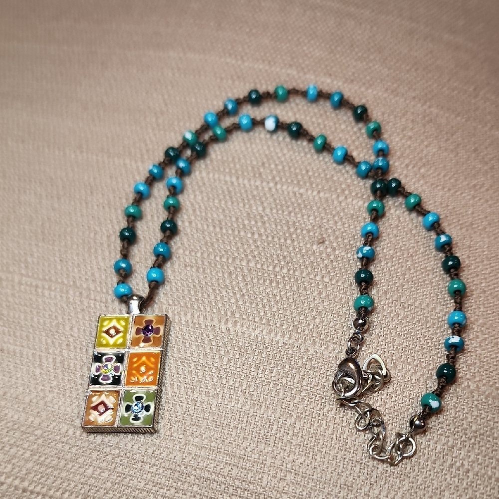 Vintage Boho Tile Pendant Necklace, Pre-Owned in Fair Condition